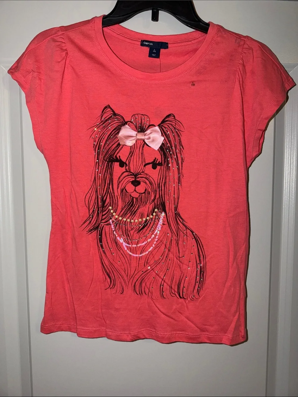 GAP Girls Coral Pink Short Sleeve Tee with Light Pink Bow Puppy Dog Graphic Tee